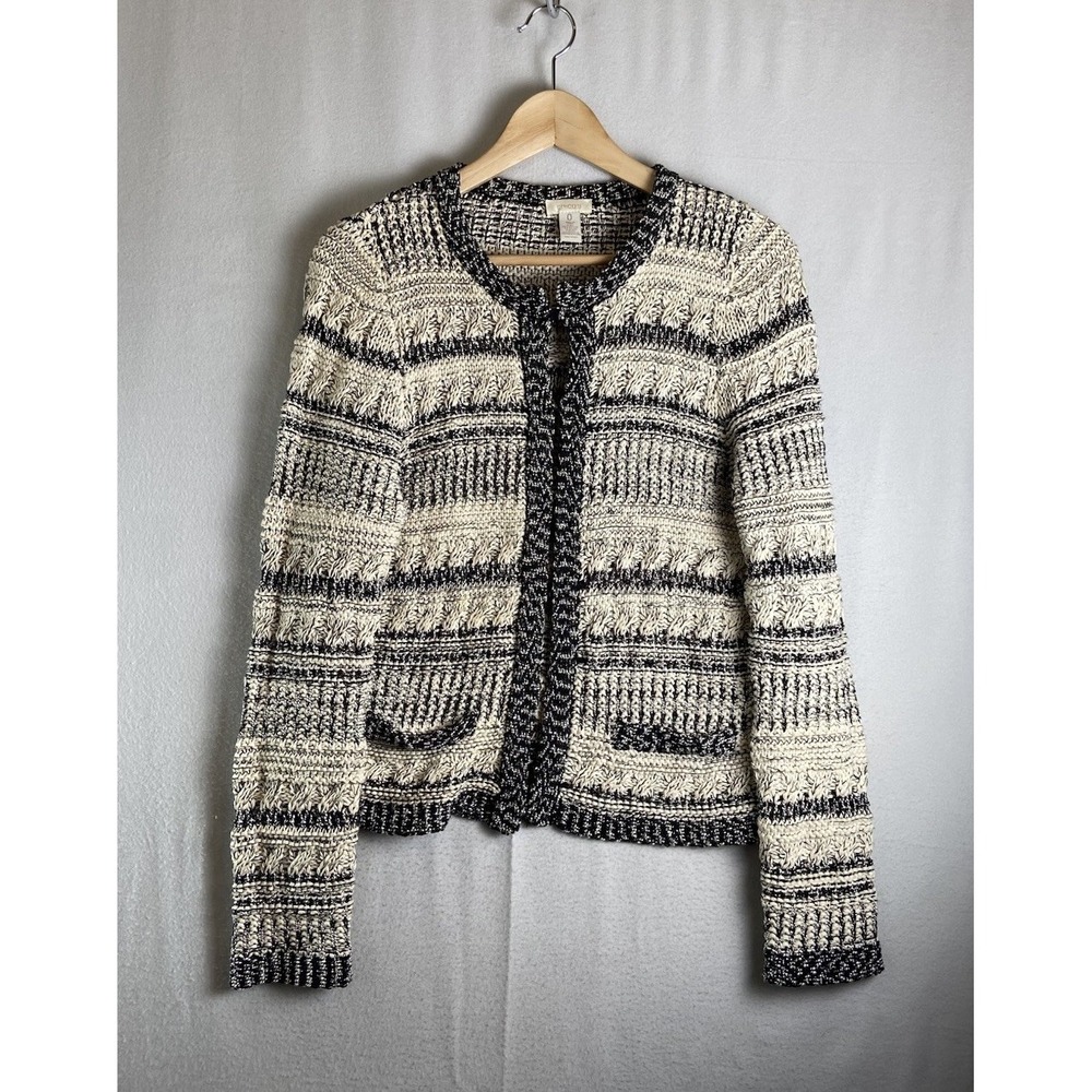 Chico's Cardigan Jacket Womens Sz 0/Small Black White Knit Pattern Open Front